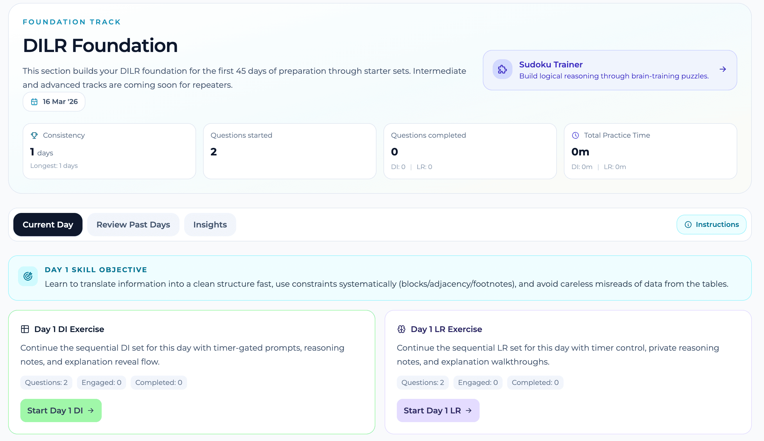 DILR foundation dashboard with daily exercises