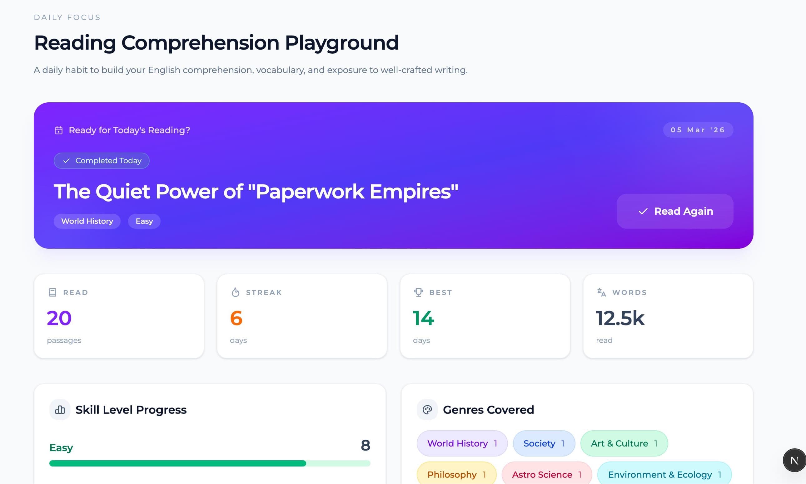 Reading Comprehension playground and daily reading progress