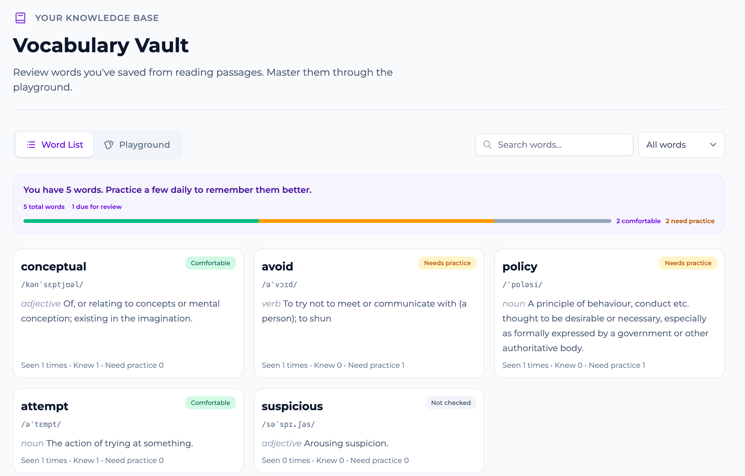 Vocabulary vault flashcard practice feature
