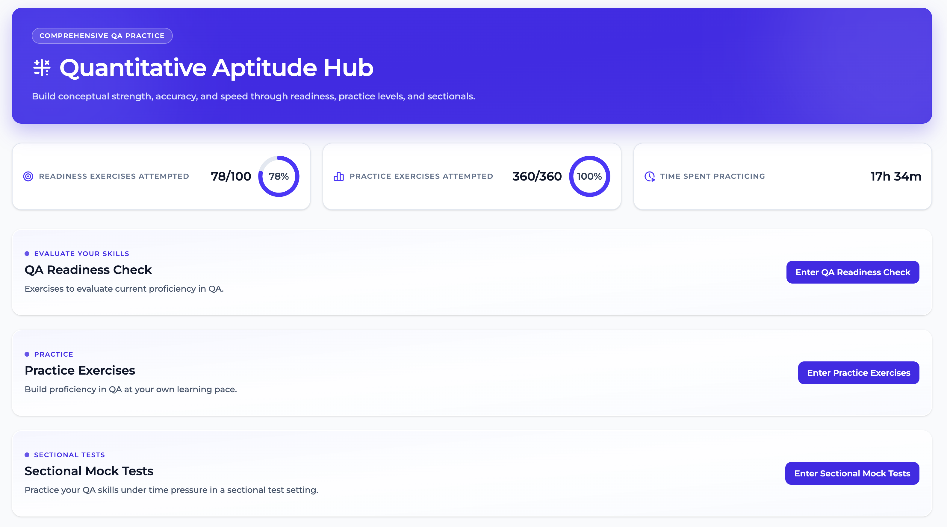 Quantitative Aptitude Hub — readiness, practice exercises, sectional tests