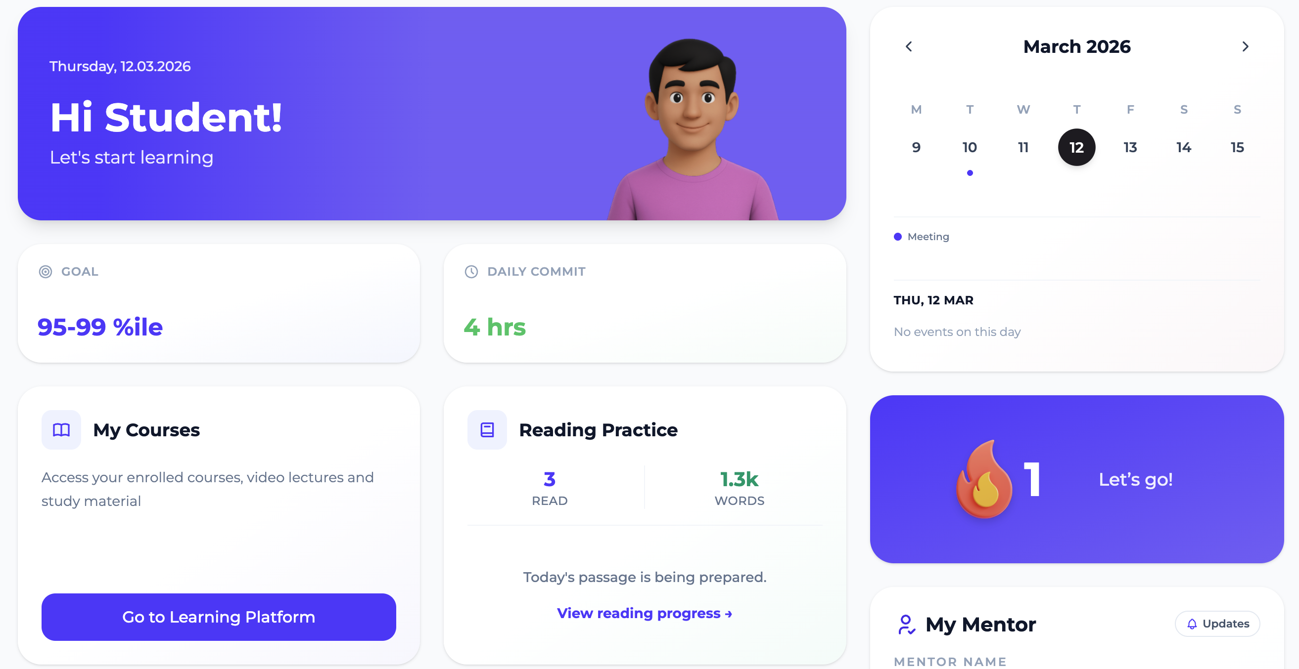 Clymber dashboard — greeting, goal, daily commit, calendar