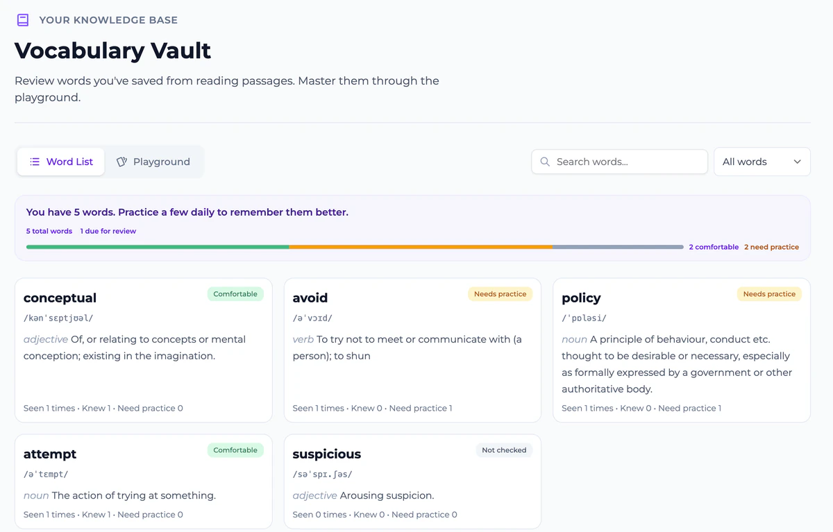 Vocabulary Vault — saved words with definitions and review status