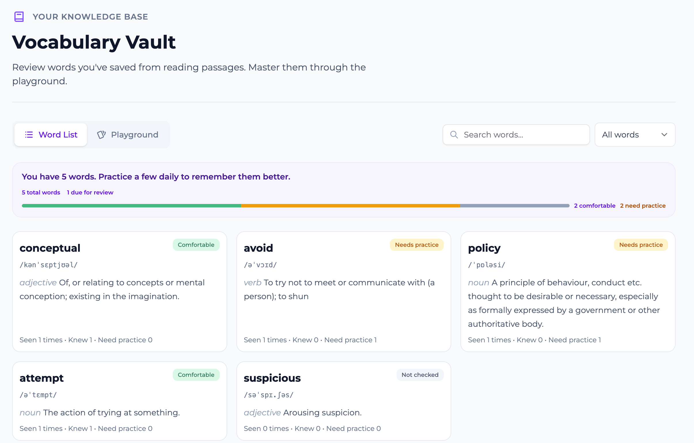 Vocabulary Vault — saved words with definitions and review status